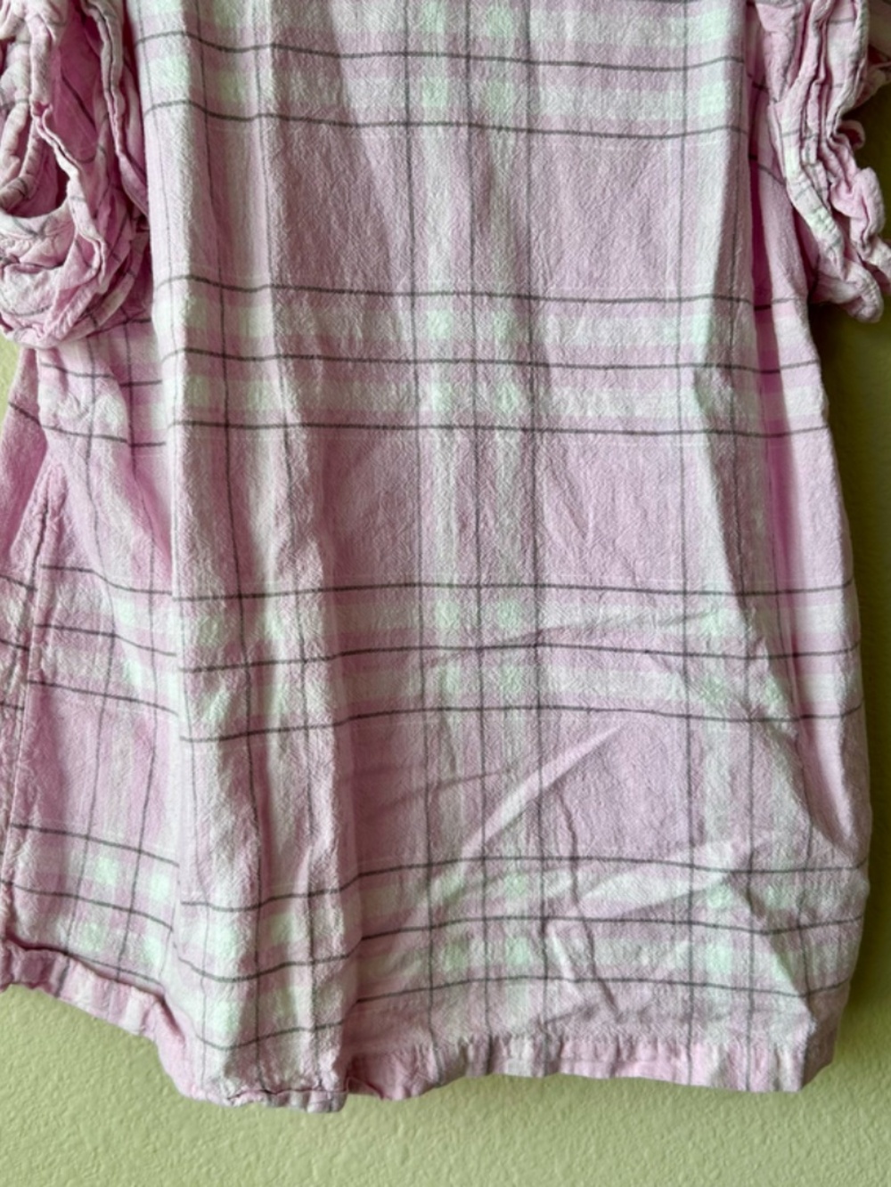 Short Sleeve Blouse Pink Gray White Plaid Double Ruffle Sleeve A New Day Small - Picture 5 of 12